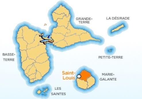 Map showing the location of the town of Saint-Louis on Marie-Galante
